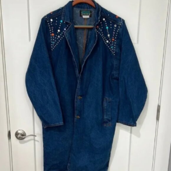 Vintage Southwest Sewing Blues Denim Trench Jacket with Studded Embellishments - Picture 1 of 6